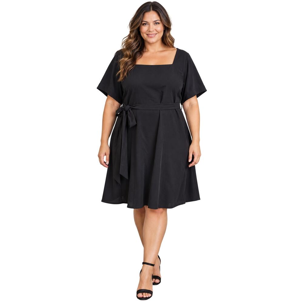 Lane bryant 24 square neck black knee length minimalist dress w/ tie waist flare